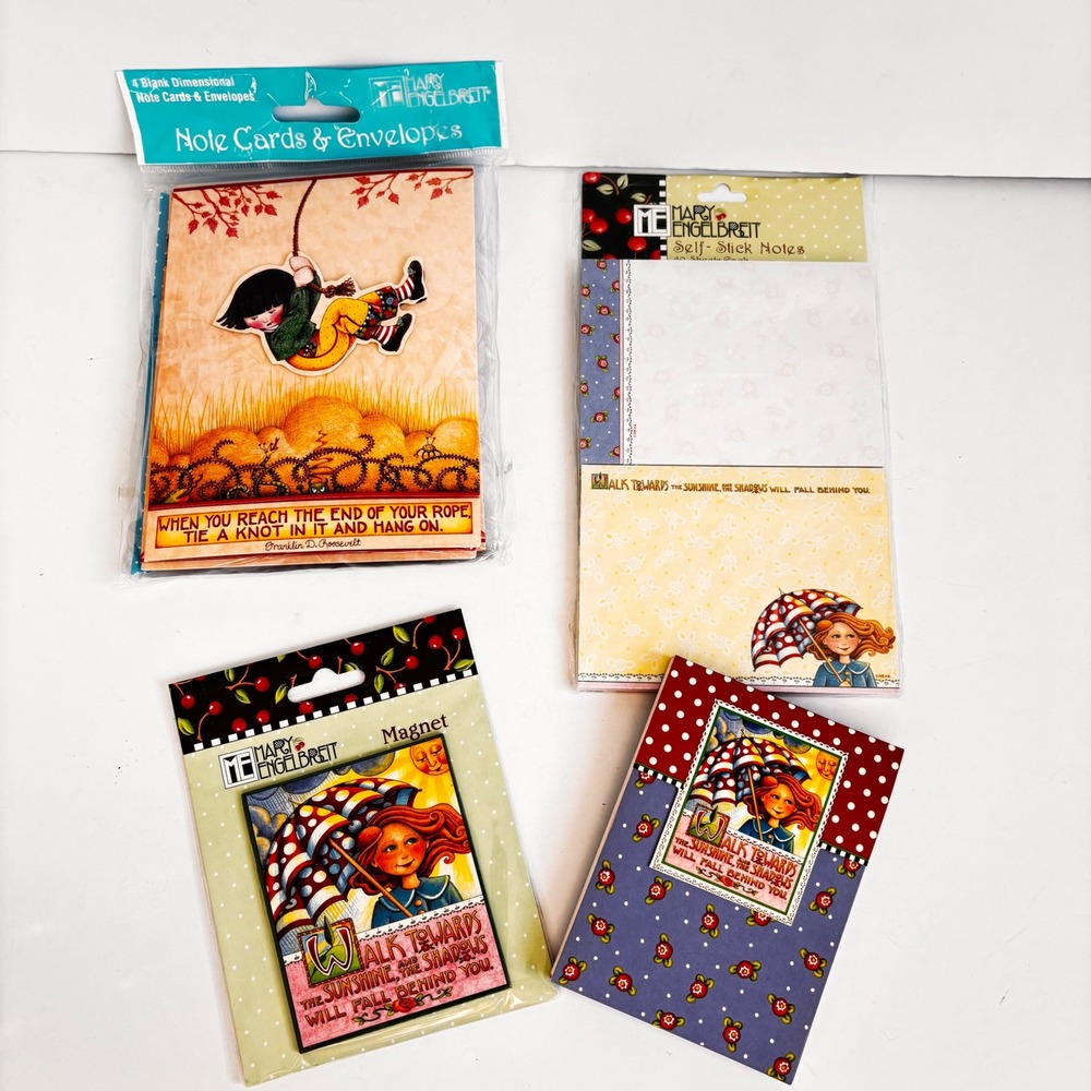 Mary Engelbreit Stationery Set Note Cards Sticky Notes Magnet Notepad‎ 4pc Lot